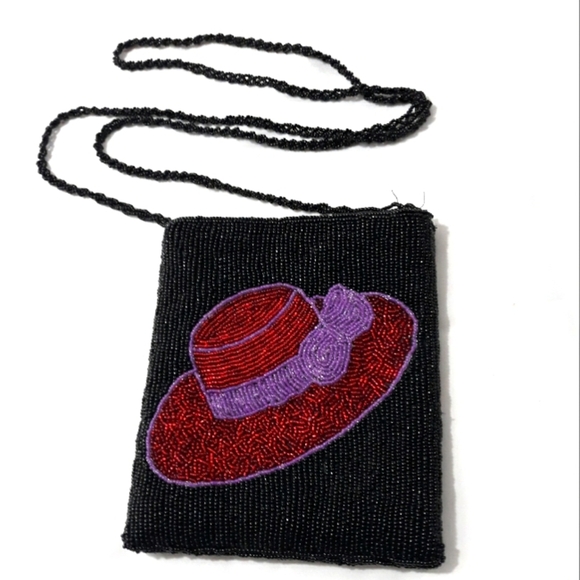 Black Beaded Bag with Red and Purple Hat Design Crossbody/ Shoulder Purse - Picture 1 of 8